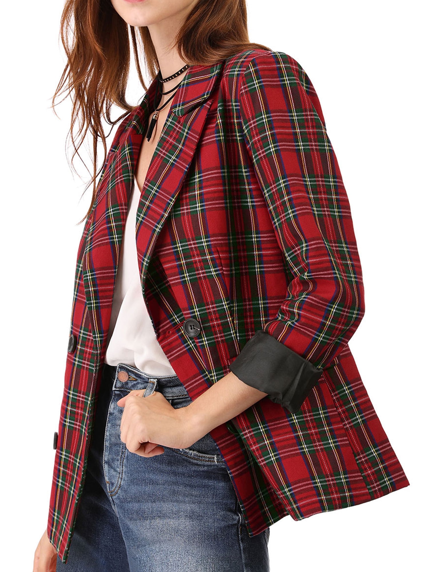 DARING DIVA Women's Plaid Notched Lapel Blazer Jacket M Red Green