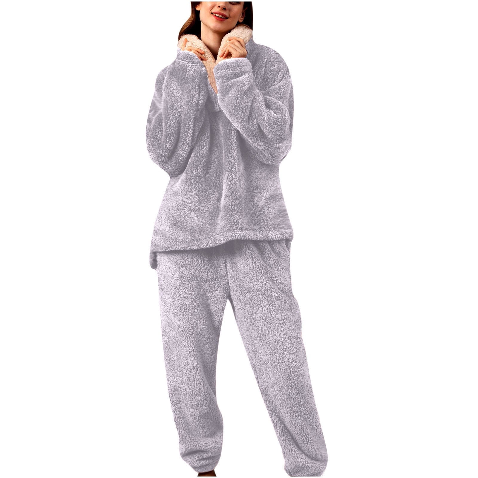 Women's Fuzzy 2 Piece Outfits Casual Pajama Sets Long Sleeve Fleece Crop  Top and Pants Set Loungewear Sleepwear 