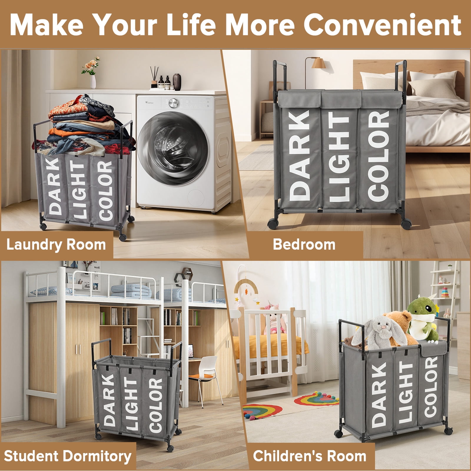 3 Section Laundry Basket with Wheels and Lids, 150L Rolling Laundry Hamper with Handle, Sorter for Clothes Toys Sundries (Gray)