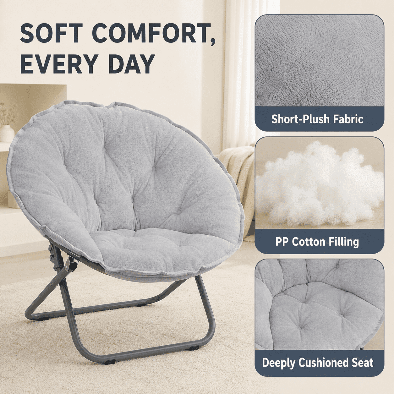 CLOUDREST PRO Soft Plush Folding Saucer Chair for Adults, Padded Round Lounge Seat, Metal Frame, 300 lb Capacity, Gray