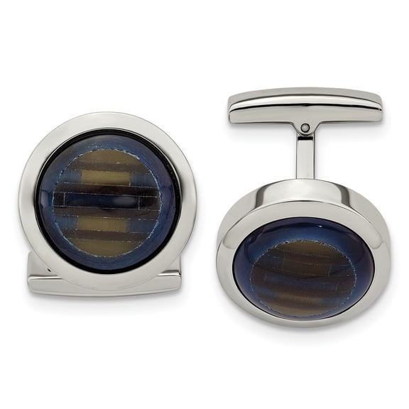 Stainless Steel Polished Blue Cats Eye Cuff Links - Measures 19.5mm Wide