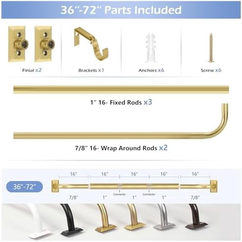 Gold Wrap Around Curtain Rods 36 to 72:Blackout Heavy Duty Adjustable Window Curtain Rod for Bedroom Kitchen,Modern Decorative Curved French Metal Single Drapery Rods Easy Install,Brushed Gold