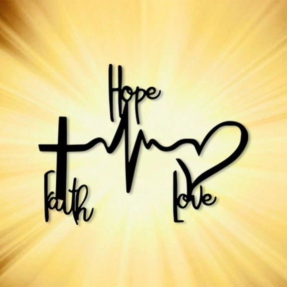 HELLOYOUNG Wall Cross Metal Decor, "Faith, Hope, Love" Elegant Iron Wall Hanging, Heartbeat Motif and Graceful Script, Spiritual Rust-Proof Decoration for Home, Garden