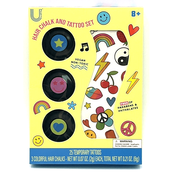 U Style Hair Chalk & Tattoo Set-25 Temporary Tattoos & 3 Hair Chalks-Ages 8