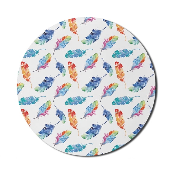 Feather Mouse Pad for Computers, Watercolor Bird Feathers with Soft Color Palette Inspirations Print, Round Non-Slip Thick Rubber Modern Gaming Mousepad, 8" Round, Multicolor, by Ambesonne