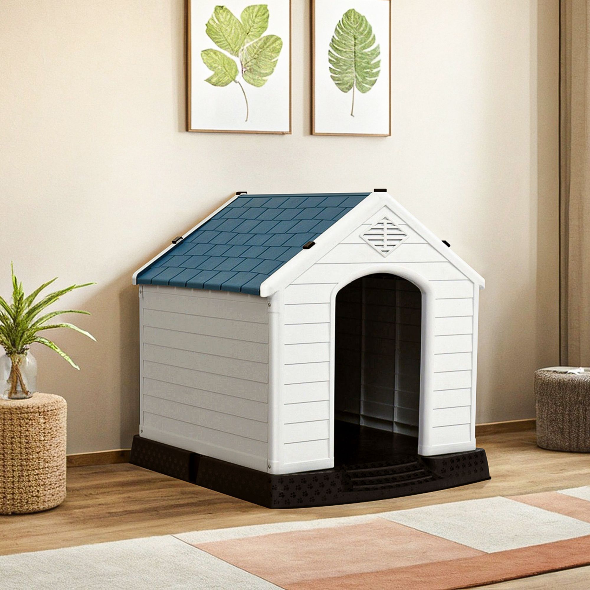 Demi Bonn 33" Outdoor Dog House, Sun Protection Pet Houses for Medium Dogs, Weatherproof Cat House with Ventilation System and Fastening Device, White