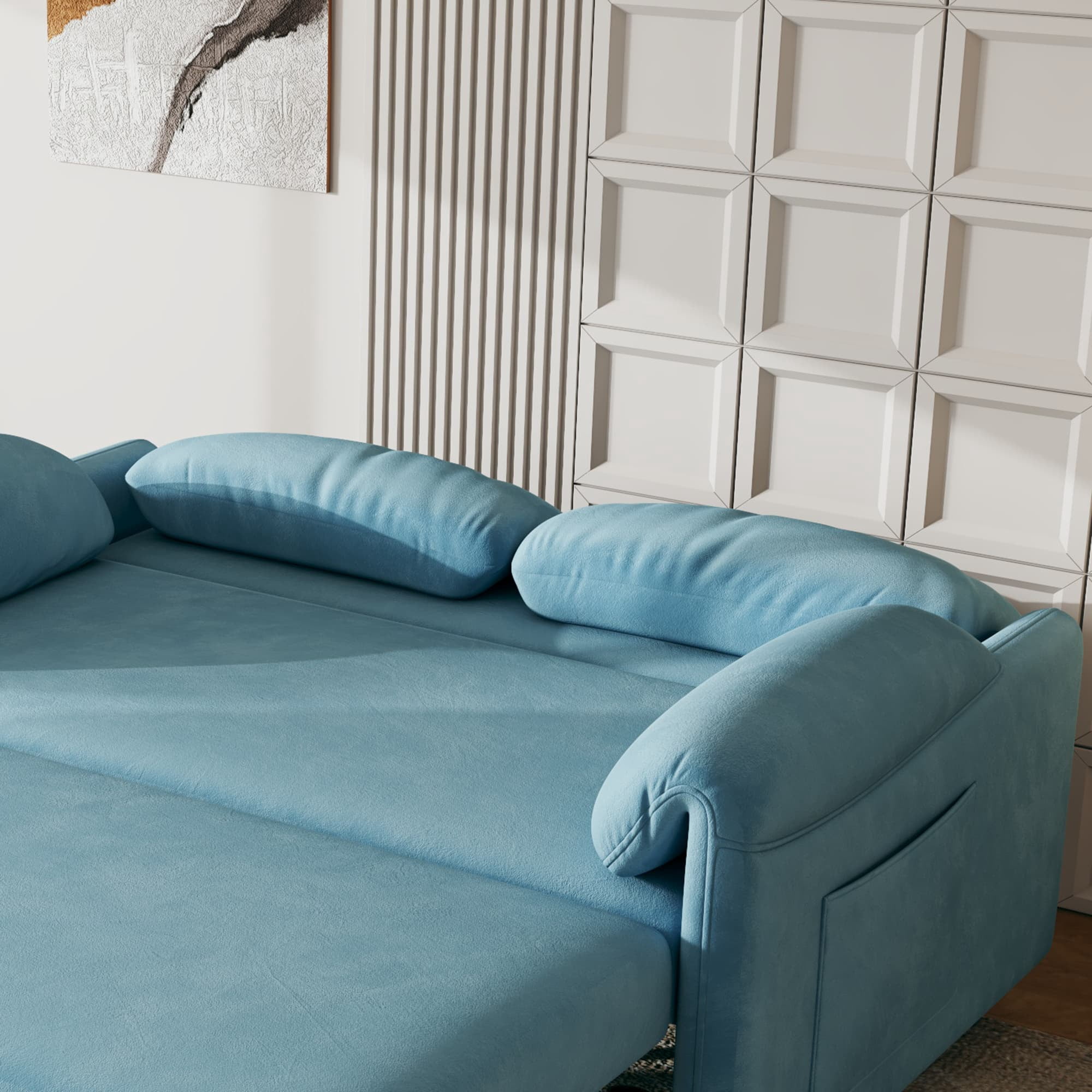 MAYEERTY 54" Velvet Convertible Sofa Bed, Pull Out Couch Beds Loveseat for Apartment, Living Room, Small Space, Blue