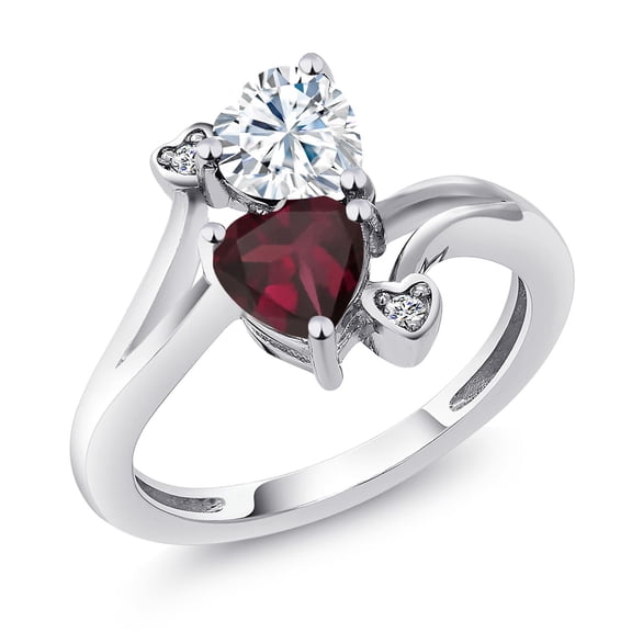 Gem Stone King 925 Sterling Silver White Moissanite Red Rhodolite Garnet and White Diamond Ring for Women (1.55 Cttw, Heart Shape 6MM, Gemstone Birthstone, Size 6)