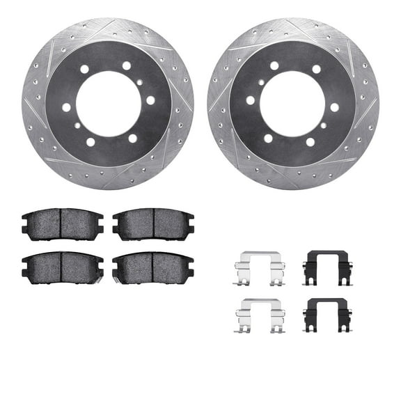 Dynamic Friction Company Rear Brake Rotors-Drilled and Slotted-Silver with 5000 Advanced Brake Pads includes Hardware 7512-72056