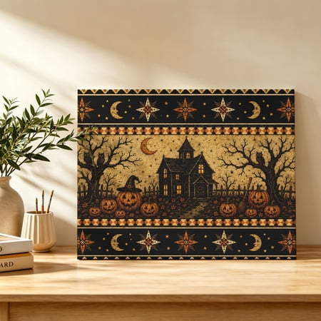 Halloween Castle Canvas Wall Art Spooky Night Evil Pumpkin Cat Moon Stars Plaid Wall Art Prints Artwork Framed Canvas Ready to Hang Art Pictures for Bedroom Living Room Closet Kitchen 16 x 12