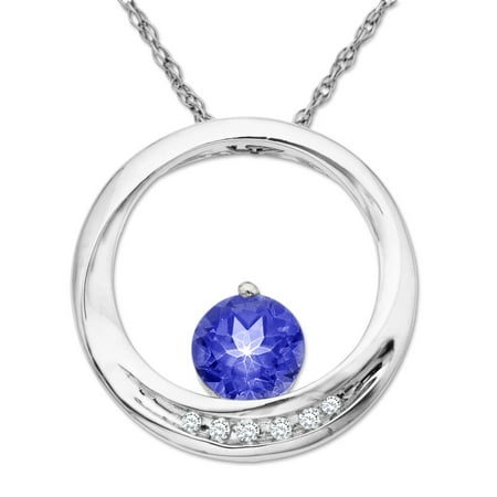 1 1/6 ct Created Ceylon Sapphire Circle Pendant Necklace with Diamonds in 14kt White Gold