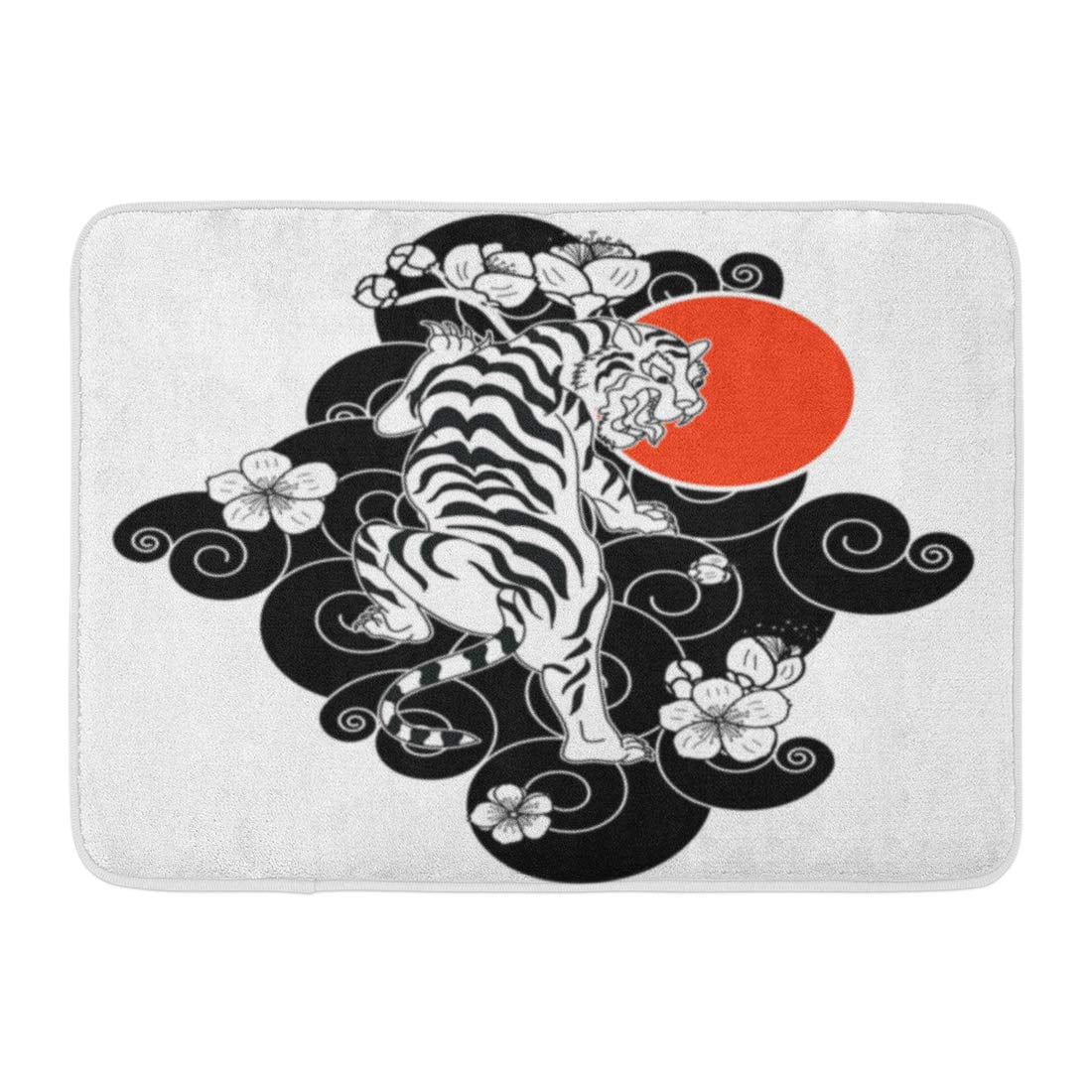 GODPOK Asian White Traditional Japanese Tiger Tattoo Sticker Design Cartoon  on Black Drawing Cat Rug Doormat Bath Mat  inch 