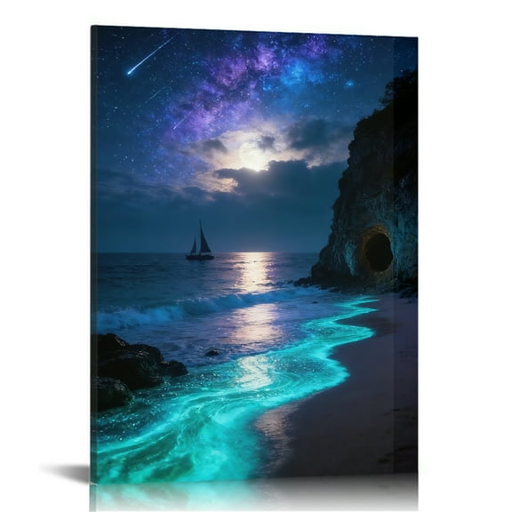 Hidden Frame Canvas Wall Art - Starry Sky Glowing Beach Moonlit Night Sailboat Dreamy Healing Popular Wall Decor for Living Room 16x24in