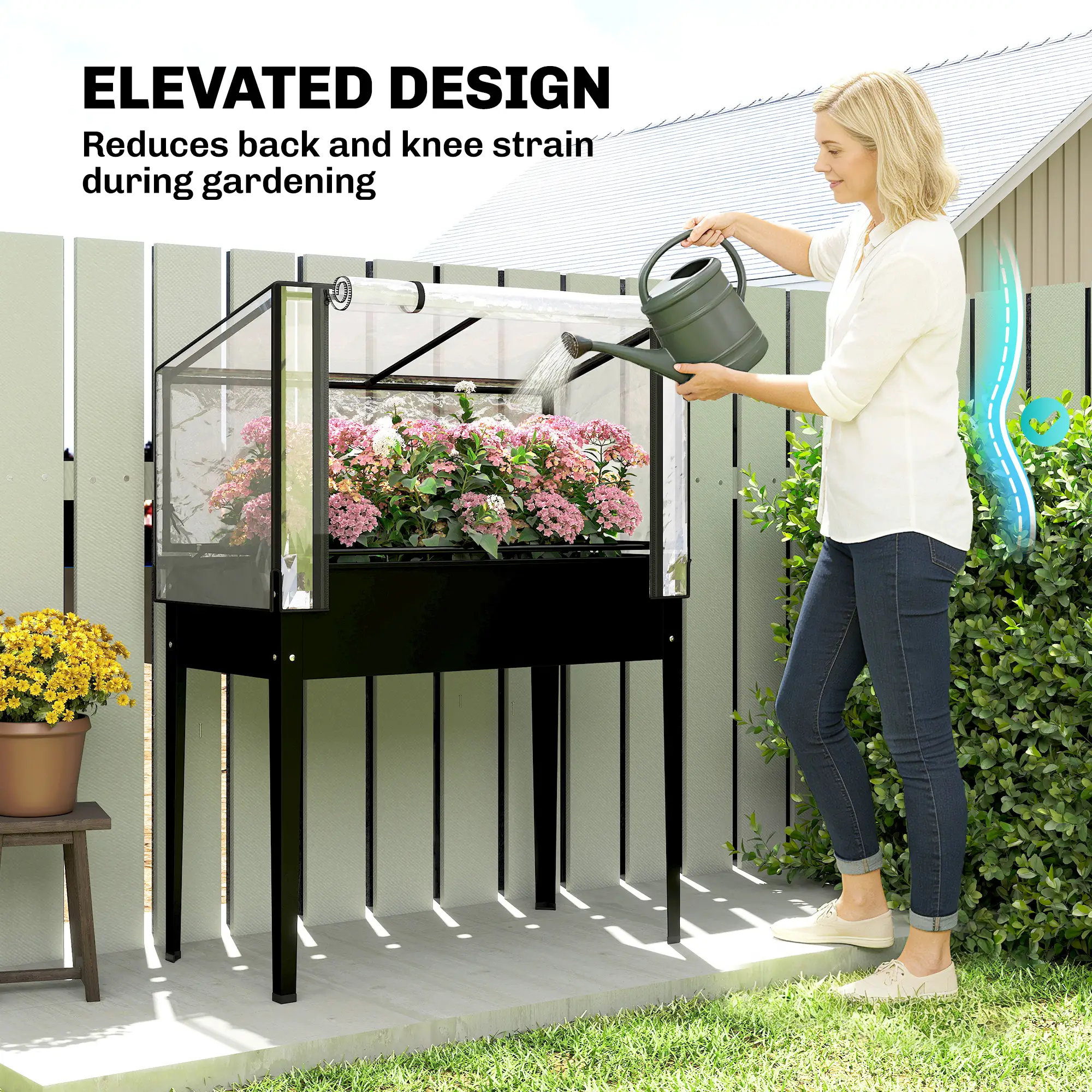 2-in-1 Raised Garden Bed with Mini Greenhouse Cover, Black Elevated Planter Box, Flip-Up Zippered Door, Drainage Hole, 0.6mm Rustproof Metal, 176lbs Capacity for Outdoor Plants