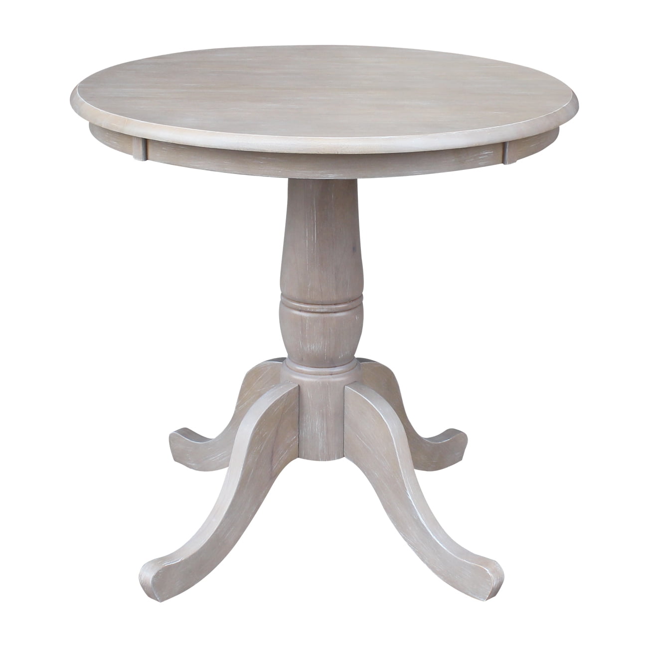 Solid Wood Round Pedestal Dining Table In Washed Gray Taupe