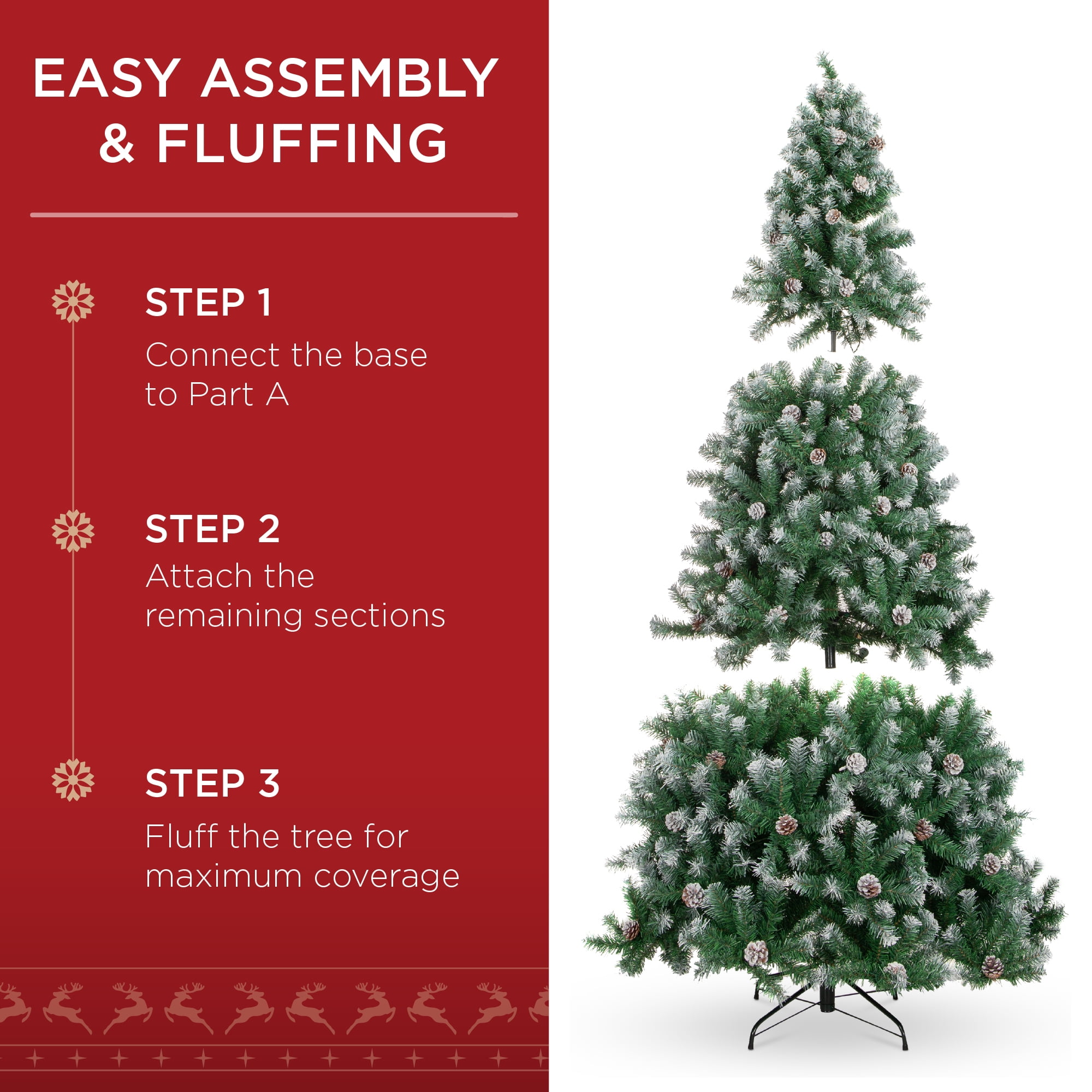 Best Choice Products 6ft Pre-Decorated Holiday Christmas Pine Tree w/1,000 Branch Tips, Partially Flocked, Base  Green