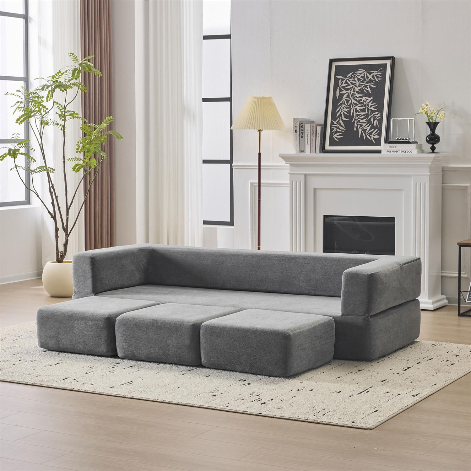 Demi Bonn Convertible Sectional Sofa with 3 Storage Ottomans, Space-Saving Chenille Couch, High-Resilience Foam for Studio Apartments & Home Offices, Gray