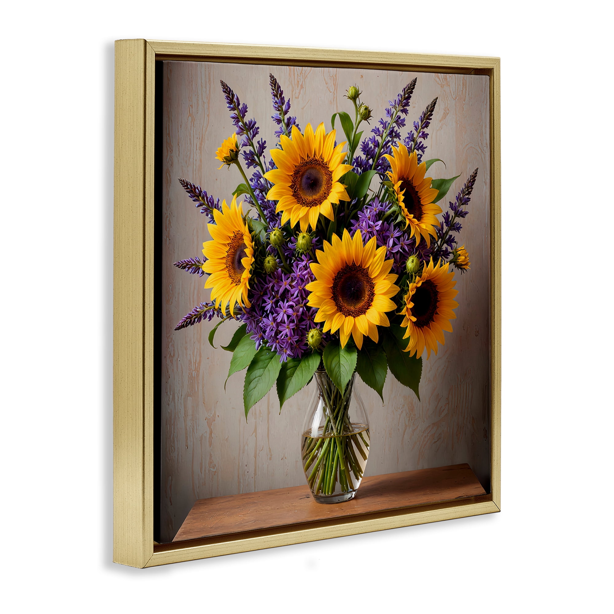 Stupell Industries Sunflower & Lavender Bouquet Plants & Flowers Painting Gold Floater Framed Canvas Art Print Wall Art, 25 x 25