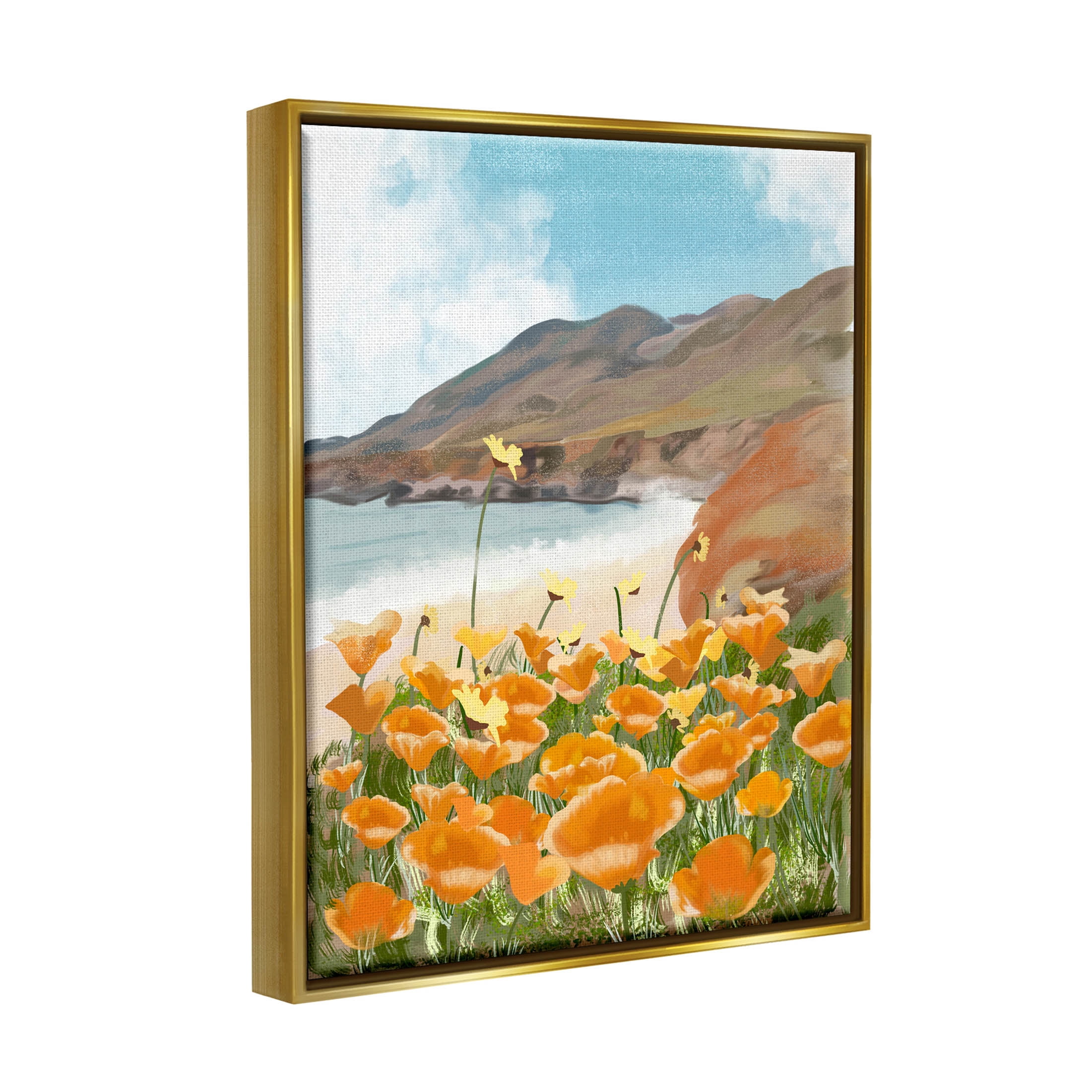 Stupell Industries Coastal Flower Meadow Blooming Graphic Art Metallic Gold Floating Framed Canvas Print Wall Art, Design by Ashley Singleton