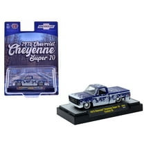 1973 Chevrolet Cheyenne Super 10 Truck Blue Metallic with White Snow Graphics Limited Ed 1/64 Diecast Model Car by M2 Machines