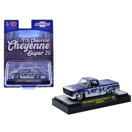 1973 Chevrolet Cheyenne Super 10 Truck Blue Metallic with White Snow Graphics Limited Ed 1/64 Diecast Model Car by M2 Machines