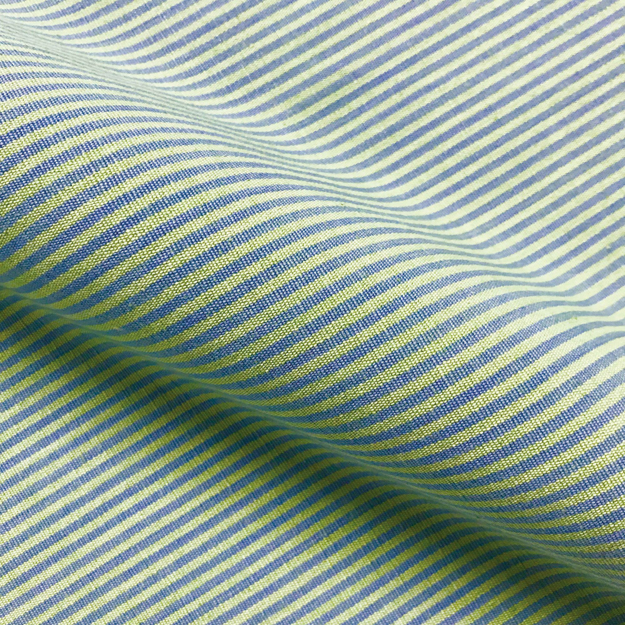 Blue and Lime Farmhouse Cotton Ticking Upholstery Fabric 54" by the