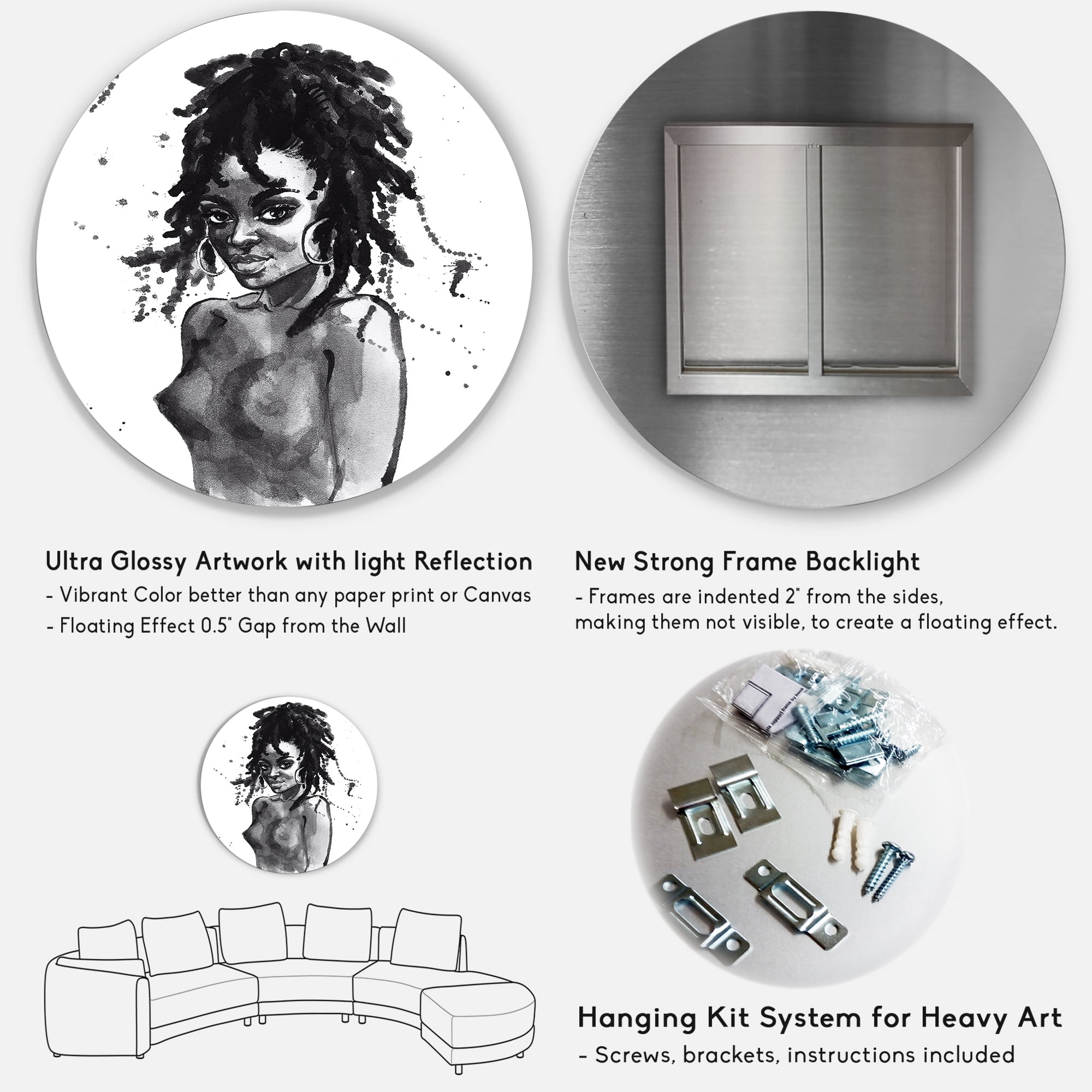 Designart 'Black and White Portrait of African American Woman V' Modern Circle Metal Wall Art 11x11 - Disc of 11