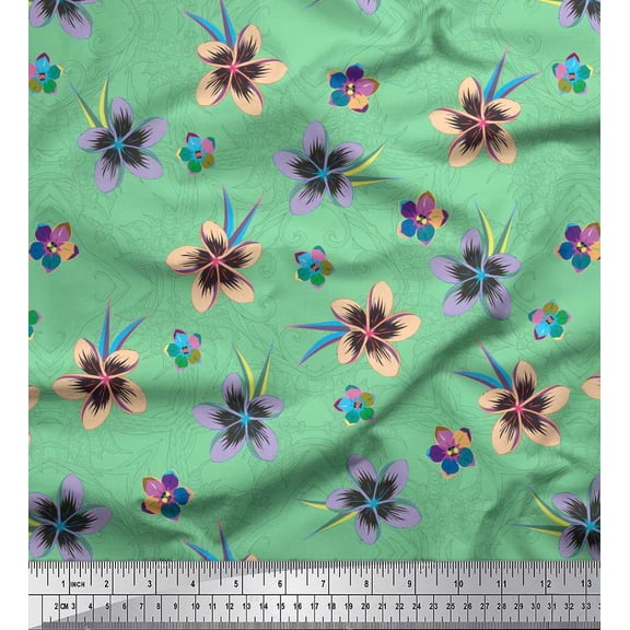 Soimoi Green Cotton Duck Fabric Leaves & Flower Floral Print Fabric by the Yard 42 Inch Wide