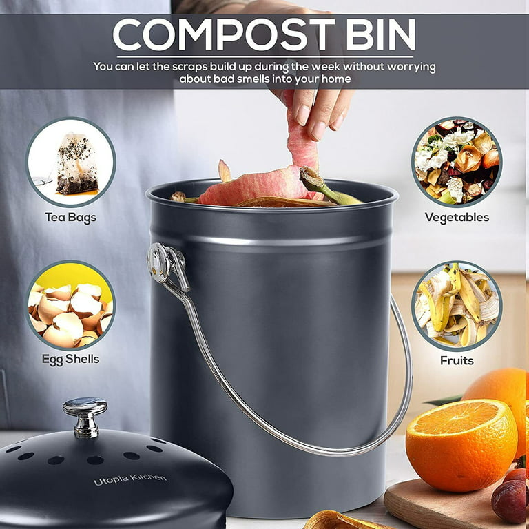 Premium Quality Stainless Steel Compost Bin 1.3 Gallon, Includes Charcoal Filter - Utopia Kitchen, Silver