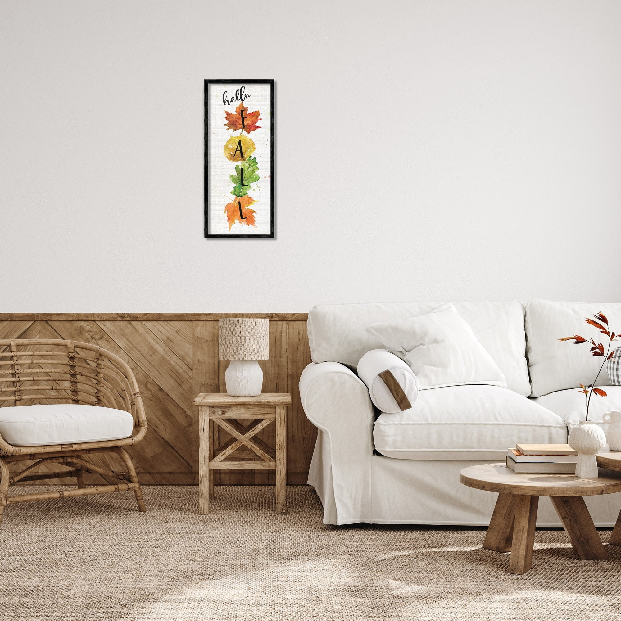 Stupell Indtries Hello Fall Greeting Autumn Foliage Stacked Leaves,10 x 24,Design by Carol Robinson