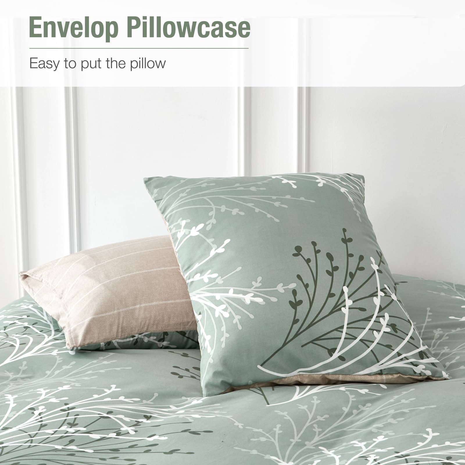 Leke Green Duvet Cover Queen Size, Reversible Floral Queen Comforter Cover with Branch Pattern, Soft 100% Washed Microfiber 3 Pieces Green Bedding Set with Zipper and 2 Pillowcases 20"x26"