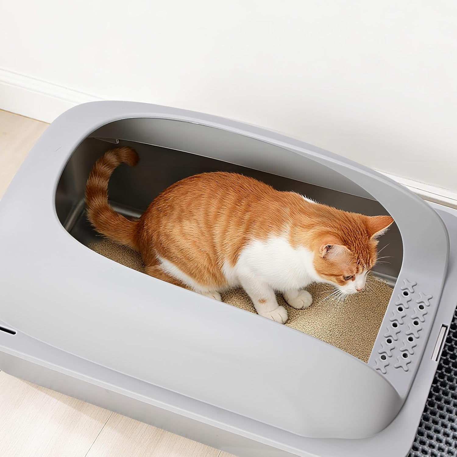 Atilioo Stainless Steel Cat Litter Box with Lid, Metal Litter Pan High Sided, Anti-Urine Leakage, Easy Clean, Never Absorbs Odors, Include Scoop & Mat, Light Gray