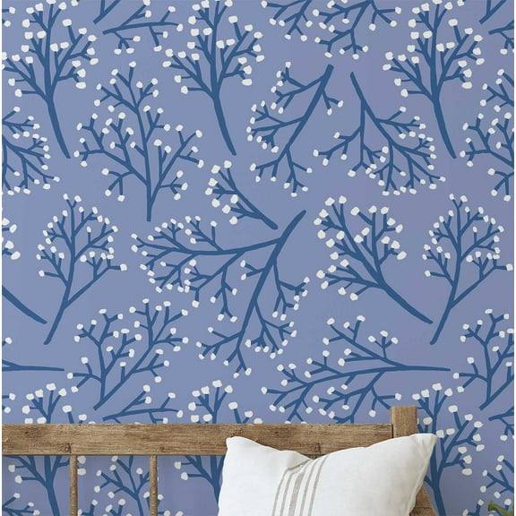 S4Sassy Nature-Inspired Waterproof Wall Wrap, Plain Finish Wallcover, Botanical Twig Print Contact Paper For Walls, Cabinets, Dresser, Self Adhesive Vinyl Wallpaper Roll- Blue (25"X120")