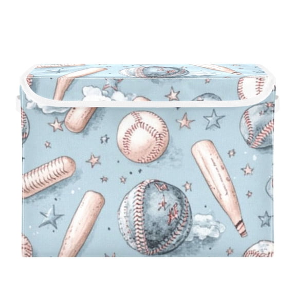 Vintage Baseball on Blue Large Storage Bins with Linen Collapsible Lid Storage Box 16.7 x 12.6 x 11.8in
