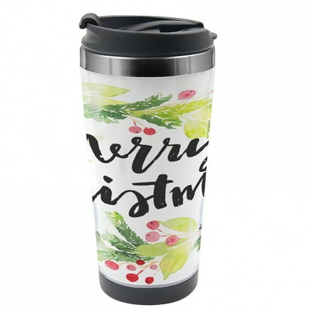 

Christmas Travel Mug Watercolor Wreath Steel Thermal Cup 16 oz by Ambesonne