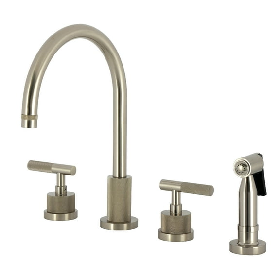 Kingston Brass KS8728KNLBS Convergent Double-Handle 4-Hole Widespread Kitchen Faucet with Knurled Handle 4-Hole and Brass Sprayer in Brushed Nickel