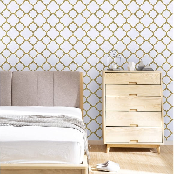 Safiyya Papel Pintado Despegable Y Adhesivo De 393 X 17,7 Pulgadas, Papel De Contacto De Oro Blanco, Papel Pintado Autoadhesivo Extraíble, Papel Pintado Moderno Enrejado Dorado Para Despegar Y Pegar P