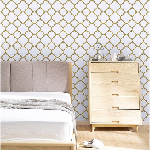 Safiyya Papel Pintado Despegable Y Adhesivo De 393 X 17,7 Pulgadas, Papel De Contacto De Oro Blanco, Papel Pintado Autoadhesivo Extraíble, Papel Pintado Moderno Enrejado Dorado Para Despegar Y Pegar P