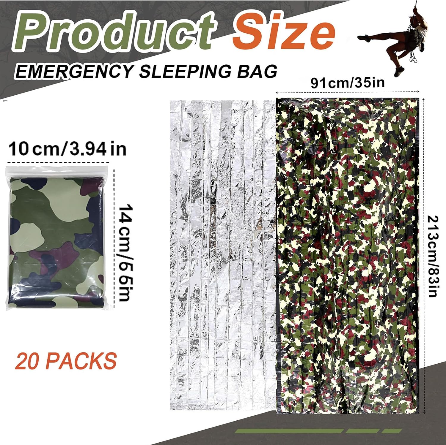 Camo Emergency Sleeping Bags Camo Blankets Emergency Shelter Survival Gear Portable Lightweight Thermal Bivy Sack Waterproof for Outdoor Camping Hiking Homeless Shelter