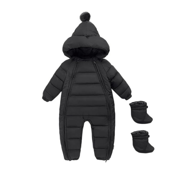 CUZIBR Baby Girl Winter Outfits Thick Lined Paded Snow Coat One-Piece Hooded Long Sleeve Solid Zipper Up Jacket Windproof Warm Jumpsuit Outwear With Shoes Fall Winter Outfits,Black,18-24 Months