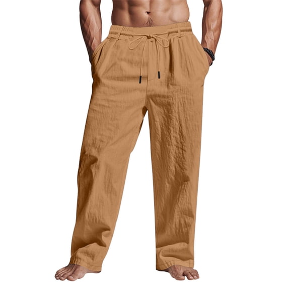Men's Linen Pants Lightweight Drawstring Elastic Waist Pockets Loose Fit Straight Legs