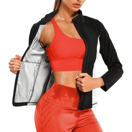 

Junlan Womens Sauna Suits Sweat Waist Trainer Tops Weight Loss Workout Jacket Long Sleeve Slimming Body Shaper Shirts