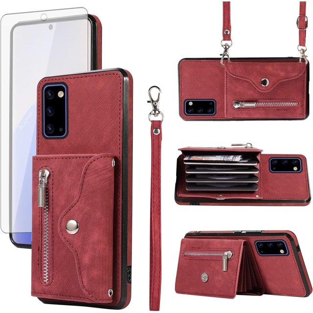 MYKOMI Phone Case for Samsung Galaxy Note 20 5G Wallet Cover with HD Screen Protector Wrist Crossbody Strap Lanyard Credit Card Holder Stand Leather Cell Note20 Notes 20s Twenty Not S20