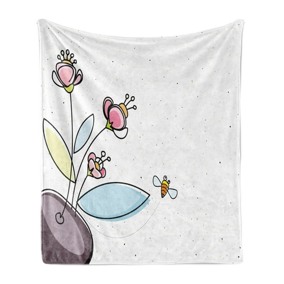 Floral Soft Flannel Fleece Blanket, Flower Pot with Blossoms Leaves and Bees Flying Around Summer Season Inspirational, Cozy Plush for Indoor and Outdoor Use, 70" x 90", Multicolor, by Ambesonne