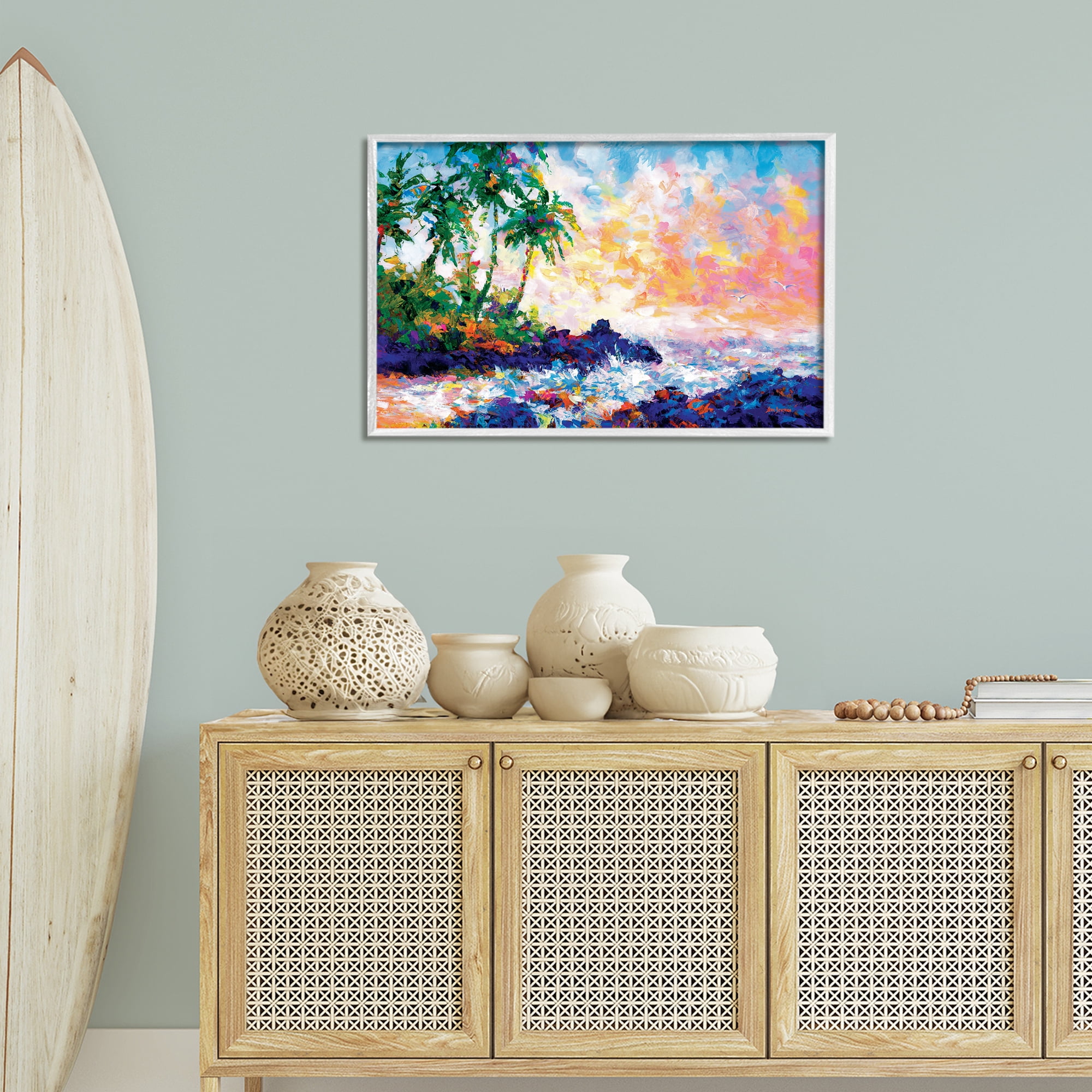 Stupell Industries Waves on Tropical Beach Landscape Painting White Framed Art Print Wall Art, 30 x 20