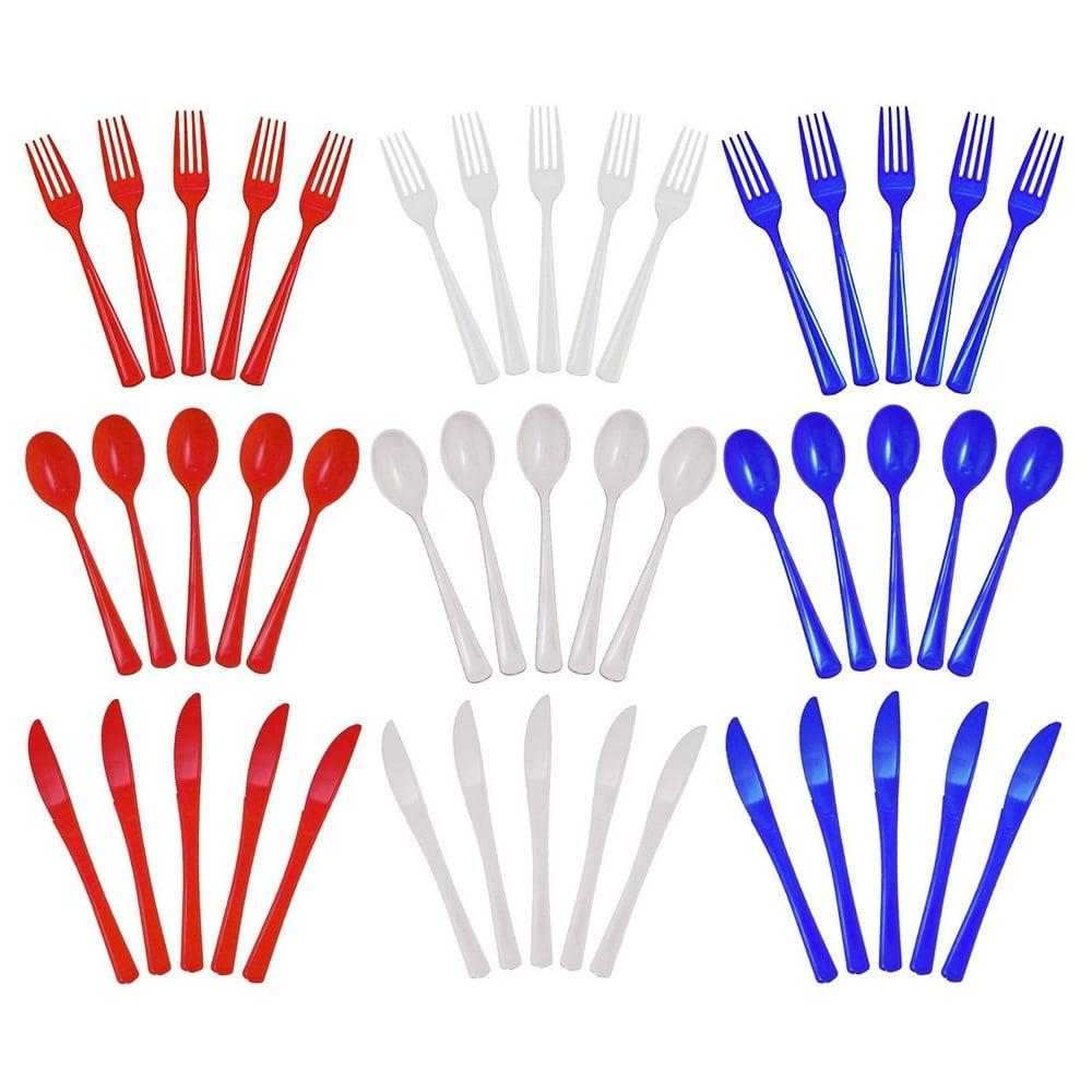Set of 45 Patriotic Plastic Disposable Cutlery! Serves 15! Red, White