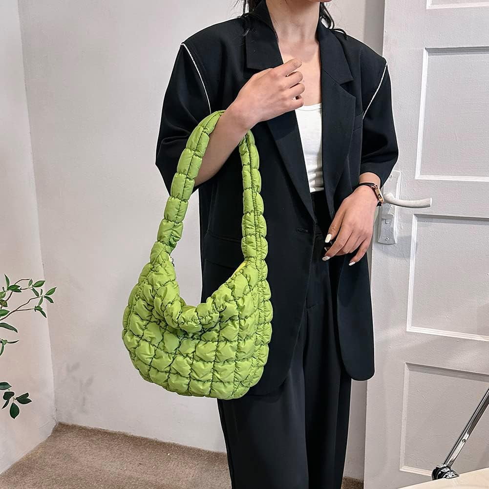 Casual Large Capacity Tote Shoulder Bags Designer Ruched Handbag Nylon  Quilted Padded Crossbody Bag Female Big Purse (Black)
