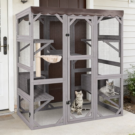 Aivituvin Large Catio Outdoor Cat Enclosure with Condos, Wood Catio Walk in Cat House, Kitty Shelter Indoor with Waterproof Roof Gray