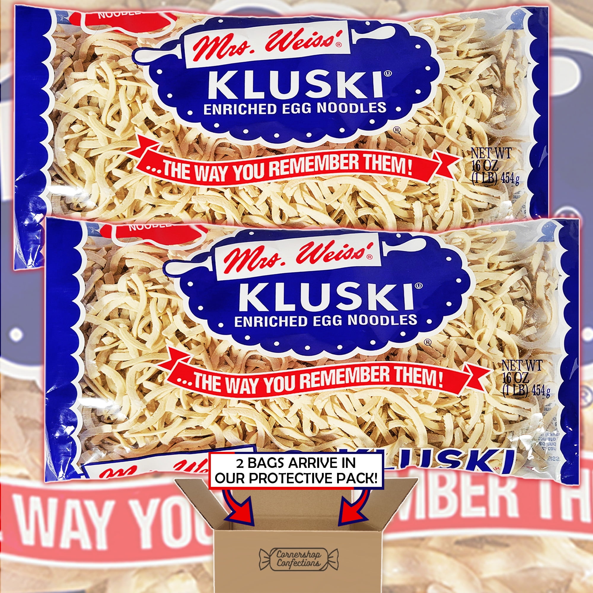 Mrs. Weiss' Kluski Enriched Egg Noodles Bundle Pack - 2 Individually Sealed 16 Ounce Bags - Egg Dumpling Noodles - For Soups, Casseroles, Stews, Ramen and Much More in Cornershop Confections Pack