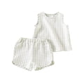 thumbnail image 3 of FINALGANG Girls Kids Summer Casual Two Piece Outfit With Round Neck Sleeveless Gingham Checkered Top Elastic Waist Shorts For Toddler Daily Play Wear Soft Set, 3 of 6